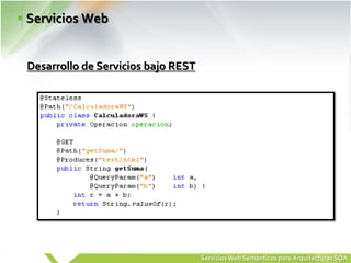 Servicios Web


Desarrollo de Servicios bajo REST




                                    Servicios Web Semánticos para Arquitecturas SOA
 