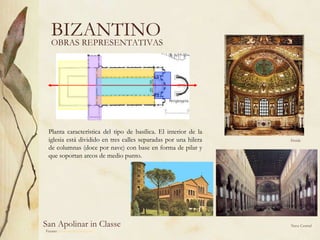 BIZANTINO OBRAS REPRESENTATIVAS San Apolinar in Classe Fuente:  www.artehistoria.com   Planta característica del tipo de basílica. El interior de la iglesia está dividido en tres calles separadas por una hilera de columnas (doce por nave) con base en forma de pilar y que soportan arcos de medio punto.  Ábside Nave Central 