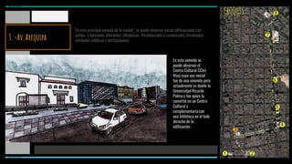 CROQUIS
En esta principal avenida de la ciudad , se puede observar varias edificaciones con
estilos y funciones diferentes. (Modernas -Residenciales o comerciales, Virreinales-
entidades públicas o instituciones)
En esta avenida se
puede observar el
Centro Cultural CCori
Wasi cuyo uso inicial
fue de una vivienda pero
actualmente es dueño la
Universidad Ricardo
Palma y fue quien la
convirtió en un Centro
Cultural y
complementaria con
una bibloteca en el lado
derecho de la
edificación.
1 2
3
4
5
6
7
8
3.-Av.Arequipa
MIRAFLORES
MIRAFLORES
 