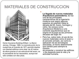 MATERIALES DE CONSTRUCCION
                                               
                                                     La llegada de nuevos materiales
                                                     Arquitectura posmoderna. Es fue
                                                     una de las principales
                                                     características de la ingeniería
                                                     moderna que según algunos
                                                     expertos se extendió hasta la
                                                     década del 60. Acero, hormigón y
                                                     vidrio. Se conoce como
                                                     Arquitectura Moderna a una
                                                     corriente arquitectónica que se
                                                     originó en Europa en las primeras
                                                     décadas del Siglo XX
                                                    Pero fue, sobre todo, el uso de los
                                                     nuevos materiales como el acero y
                                                     el concreto armado, así como la
Home Insurance Building,William Le Baron             aplicación de las tecnologías
Jenney, Chicago, 1885. La reconstrucción de la       asociadas, el hecho determinante
ciudad tras el incendio de 1871 permitió diseñar     que cambió para siempre la
con libertad edificios como éste: de 42 metros       manera
                                                     de proyectar y construir los edificios
de altura gracias al uso estructural del acero, es    o los espacios para la vida y la
el precedente de los rascacielos, aunque tan         actividad humana.
sólo contaba con diez pisos.
 