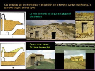 Las bodegas por su morfología y disposición en el terreno pueden clasificarse, a grandes rasgos, en tres tipos: La más corriente es la que  se  ubica en las laderas   Se excavan  en un terreno horizontal   