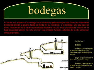 bodegas El hecho que diferencia la bodega de la vivienda rupestre es que esta última es totalmente horizontal desde la puerta hasta el fondo de su recorrido, y la bodega, una vez que se entra, desciende en el terreno para desarrollarse a mucha más profundidad, siendo en la total oscuridad donde “se cría el vino” (su principal función, además de la de conservar otros alimentos).   Constan de: - Entrada. - Corredor  (al que da paso la entrada). Horizontal o en bajada según la disposición del terreno. - Lagar  (al que conduce el corredor). Zona más amplia. - Recintos  conectados con el lagar: en donde se sitúan las cubas y tinajas. 