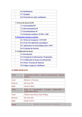 6.6. Rendimiento
6.7. Ejemplos
6.8. Protocolos de enlace multipunto
7. El nivel de interred (IP)
7.1. Funcionalidad IP
7.2. Direccionamiento IP
7.3. Encaminamiento IP
7.4. Protocolos auxiliares: ICMP y ARP
8. Protocolos extremo a extremo
8.1. Niveles de transporte: TCP/UDP
8.2. El nivel de aplicación: paradigmas
8.3. Aplicaciones de autoconfiguración y DNS
8.4. Evolución de Internet
9. Codificación de fuente
9.1 Introducción
9.2. Entropía de la Información. Propiedades
9.3. Codificación de fuentes de información
9.4. Primer Teorema de Shannon
9.5 Códigos compactos. Huffmann
E) BIBLIOGRAFÍA
Título Transmisión de datos y redes de comunicaciones. Segunda
Edición
Autor Behrouz A. Forouzan
Editorial Mc Graw Hill
ISBN 84-481-3390-0
Título Redes de Comunicación. Conceptos fundamentales y
arquitecturas básicas
Autor Alberto León-García, Indra Widjaja
Editorial Mc Graw Hill
ISBN 84-481-3197-5
Autor Antonio Ricardo Castro Lechtaler
 