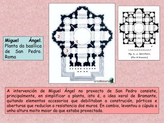Miguel Ángel.
Planta da basílica
de San Pedro.
Roma
1
2
3
A intervención de Miguel Ángel no proxecto de San Pedro consiste,
principalmente, en simplificar a planta, isto é, a idea xeral de Bramante,
quitando elementos accesorios que debilitaban a construción, pórticos e
aberturas que reducían a resistencia dos muros. En cambio, levantou a cúpula a
unha altura moito maior da que estaba proxectada.
 