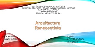 REPÚBLICA BOLIVARIANA DE VENEZUELA
MINISTERIO DEL PODER POPULAR PARA LA EDUCACIÓN SUPERIOR
I.U.P “ SANTIAGO MARIÑO “
CÁTEDRA: HISTORIA II
ESCUELA : ARQUITECTURA # 41
ALUMNO:
QUEVEDO KEYMARY
C.I: 25.219.879
PROFESORA:
SANDY RONDON
 