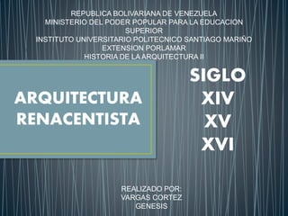 REPUBLICA BOLIVARIANA DE VENEZUELA
MINISTERIO DEL PODER POPULAR PARA LA EDUCACION
SUPERIOR
INSTITUTO UNIVERSITARIO POLITECNICO SANTIAGO MARIÑO
EXTENSION PORLAMAR
HISTORIA DE LA ARQUITECTURA II
ARQUITECTURA
RENACENTISTA
REALIZADO POR:
VARGAS CORTEZ
GENESIS
SIGLO
XIV
XV
XVI
 