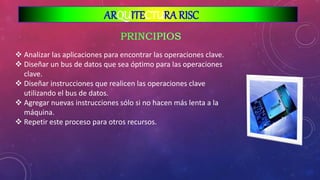  Analizar las aplicaciones para encontrar las operaciones clave.
 Diseñar un bus de datos que sea óptimo para las operaciones
clave.
 Diseñar instrucciones que realicen las operaciones clave
utilizando el bus de datos.
 Agregar nuevas instrucciones sólo si no hacen más lenta a la
máquina.
 Repetir este proceso para otros recursos.
ARQUITECTURA RISC
 