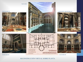 NATATIO




FRIGIDARIUM                                          VASOS DEL FRIGIDARIUM




TEPIDARIUM                                            CALDARIUM


              RECONSTRUCCIÓN VIRTUAL SOBRE PLANTA.
 
