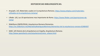 Referencias bibliográficas.
• Arquiplis. (sf), Materiales usados en la arquitectura Romana. https://www.arkiplus.com/materiales-
utilizados-en-la-arquitectura-romana/
• Lifeder. (sf), Las 10 aportaciones mas importante de Roma. https://www.lifeder.com/aportaciones-de-
roma/
• SlideShare.(28/05/2016), Arquitectura Romana Elementos.
https://es.slideshare.net/MariaElisaRodriguezMartinez/elementos-de-la-arquitectura-romana-62484307
• SAAE. (sf) Historia de la Arquitectura en España, Arquitectura Romana.
http://www.spanisharts.com/arquitectura/roma_urbano.html
 