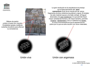 Claseshistoria
Historia del Arte
© 2006 Guillermo Méndez Zapata
Unión viva Unión con argamasa
Sillares de piedra
unidos a hueso (sin mezcla).
Empleaban grapas metálicas
cubiertas de plomo para afianzar
su consistencia
La gran revolución en la arquitectura se produjo
con el descubrimiento del opus
caementium (fruto de la mezcla de cal, arena,
fragmentos de lava volcánica (puzolana) y agua). El empleo
de este material supuso una triple ventaja: al fraguar
alcanzaba una gran resistencia ( lo que permite hacer
mayor variedad de formas y de mayor tamaño), permitía
construir rápidamente y era un material muy barato.
El único inconveniente es que la apariencia era
pobre por lo que se solía recubrir con otros materiales.
 