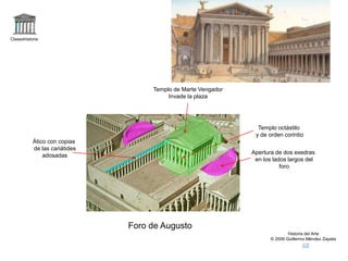 Claseshistoria
Historia del Arte
© 2006 Guillermo Méndez Zapata
Foro de Augusto
Templo de Marte Vengador
Invade la plaza
Templo octástilo
y de orden corintio
Apertura de dos exedras
en los lados largos del
foro
Ático con copias
de las cariátides
adosadas
 