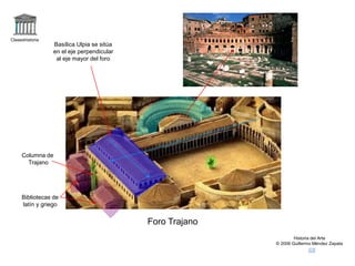 Claseshistoria
Historia del Arte
© 2006 Guillermo Méndez Zapata
Foro Trajano
Basílica Ulpia se sitúa
en el eje perpendicular
al eje mayor del foro
Bibliotecas de
latín y griego
Columna de
Trajano
 