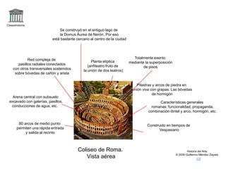 Claseshistoria
Historia del Arte
© 2006 Guillermo Méndez Zapata
Coliseo de Roma.
Vista aérea
Planta elíptica
(anfiteatro fruto de
la unión de dos teatros)
Totalmente exento
mediante la superposición
de pisos
Red compleja de
pasillos radiales conectados
con otros transversales sostenidos
sobre bóvedas de cañón y arista
80 arcos de medio punto
permiten una rápida entrada
y salida al recinto
Arena central con subsuelo
excavado con galerías, pasillos,
conducciones de agua, etc.
Características generales
romanas: funcionalidad, propaganda,
combinación dintel y arco, hormigón, etc.
Construido en tiempos de
Vespasiano
Pilastras y arcos de piedra en
unión viva con grapas. Las bóvedas
de hormigón
Se construyó en el antiguo lago de
la Domus Áurea de Nerón. Por eso
está bastante cercano al centro de la ciudad
 