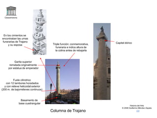 Claseshistoria
Historia del Arte
© 2006 Guillermo Méndez Zapata
Columna de Trajano
Triple función: conmemorativa,
funeraria e indica altura de
la colina antes de rebajarla
Basamento de
base cuadrangular
Fuste cilíndrico
con 12 tambores horadados
y con relieve helicoidal exterior
(200 m. de bajorrelieves continuos)
Garita superior
rematada originalmente
por estatua de emperador
En los cimientos se
encontraban las urnas
funerarias de Trajano
y su esposa
Capitel dórico
 