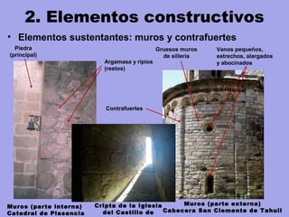 2. Elementos constructivos
• Elementos sustentantes: muros y contrafuertes
Piedra
(principal)
Argamasa y ripios
(restos)
Muros (parte externa)
Cabecera San Clemente de Tahull
Gruesos muros
de sillería
Vanos pequeños,
estrechos, alargados
y abocinados
Muros (parte interna)
Catedral de Plasencia
Contrafuertes
Cripta de la Iglesia
del Castillo de
 