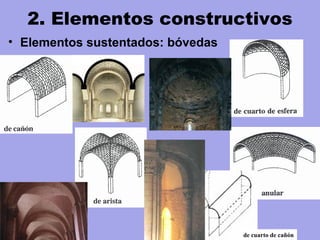 • Elementos sustentados: bóvedas
2. Elementos constructivos
de cuarto de cañón
 