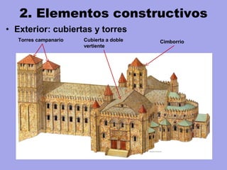• Exterior: cubiertas y torres
2. Elementos constructivos
Cubierta a doble
vertiente
CimborrioTorres campanario
 