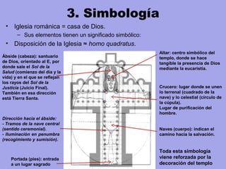 3. Simbología
• Iglesia románica = casa de Dios.
– Sus elementos tienen un significado simbólico:
• Disposición de la Iglesia ≈ homo quadratus.
Portada (pies): entrada
a un lugar sagrado
Naves (cuerpo): indican el
camino hacia la salvación.
Dirección hacia el ábside:
- Tramos de la nave central
(sentido ceremonial).
- Iluminación en penumbra
(recogimiento y sumisión).
Crucero: lugar donde se unen
lo terrenal (cuadrado de la
nave) y lo celestial (círculo de
la cúpula).
Lugar de purificación del
hombre.
Ábside (cabeza): santuario
de Dios, orientado al E, por
donde sale el Sol de la
Salud (comienzo del día y la
vida) y en el que se reflejan
los rayos del Sol de la
Justicia (Juicio Final).
También en esa dirección
está Tierra Santa.
Altar: centro simbólico del
templo, donde se hace
tangible la presencia de Dios
mediante la eucaristía.
Toda esta simbología
viene reforzada por la
decoración del templo
 