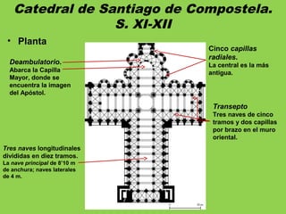 Catedral de Santiago de Compostela.
S. XI-XII
• Planta
Tres naves longitudinales
divididas en diez tramos.
La nave principal de 8’10 m
de anchura; naves laterales
de 4 m.
Transepto
Tres naves de cinco
tramos y dos capillas
por brazo en el muro
oriental.
Deambulatorio.
Abarca la Capilla
Mayor, donde se
encuentra la imagen
del Apóstol.
Cinco capillas
radiales.
La central es la más
antigua.
 