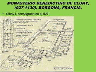MONASTERIO BENEDICTINO DE CLUNY,
(927-1130). BORGOÑA, FRANCIA.
• Cluny I, consagrada en el 927.
 