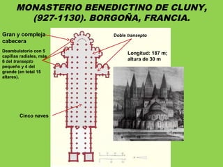 MONASTERIO BENEDICTINO DE CLUNY,
(927-1130). BORGOÑA, FRANCIA.
Longitud: 187 m;
altura de 30 m
Gran y compleja
cabecera
Cinco naves
Doble transepto
Deambulatorio con 5
capillas radiales, más
6 del transepto
pequeño y 4 del
grande (en total 15
altares).
 