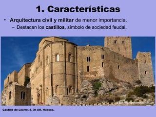 1. Características
• Arquitectura civil y militar de menor importancia.
– Destacan los castillos, símbolo de sociedad feudal.
Castillo de Loarre. S. XI-XII. Huesca.
 