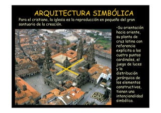 ARQUITECTURA SIMBÓLICA
Para el cristiano, la iglesia es la reproducción en pequeño del gran
santuario de la creación.
                                                          •Su orientación
                                                          hacia oriente,
                                                          su planta de
                                                          cruz latina con
                                                          referencia
                                                          explícita a los
                                                          cuatro puntos
                                                          cardinales, el
                                                          juego de luces
                                                          y la
                                                          distribución
                                                          jerárquica de
                                                          los elementos
                                                          constructivos,
                                                          tienen una
                                                          intencionalidad
  Mª Victoria Landa
                                                          simbólica.
 