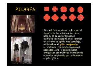 PILARES



                    Si el edificio es de una sola nave, el
                    soporte de la cubierta es el muro,
                    pero si es de varias (grandes
                    edificios ) se necesita en el interior
                    un sistema de apoyo mas complejo,
                    utilizándose el pilar compuesto
                    (cruciforme, con medias columnas
                    adosadas , etc.) y que se suelen
                    enriquecer con multitud de molduras
                    adosadas originando posteriormente
                    el pilar gótico.
Mª Victoria Landa
 