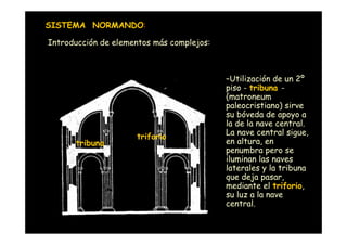SISTEMA NORMANDO:

Introducción de elementos más complejos:



                                           –Utilización de un 2º
                                           piso - tribuna -
                                           (matroneum
                                           paleocristiano) sirve
                                           su bóveda de apoyo a
                                           la de la nave central.
                                           La nave central sigue,
                         triforio
               tribuna                     en altura, en
                                           penumbra pero se
                                           iluminan las naves
                                           laterales y la tribuna
                                           que deja pasar,
                                           mediante el triforio,
                                           su luz a la nave
                                           central.
Mª Victoria Landa
 