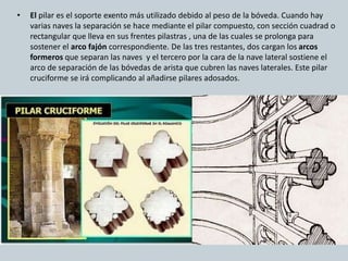 • El pilar es el soporte exento más utilizado debido al peso de la bóveda. Cuando hay
varias naves la separación se hace mediante el pilar compuesto, con sección cuadrad o
rectangular que lleva en sus frentes pilastras , una de las cuales se prolonga para
sostener el arco fajón correspondiente. De las tres restantes, dos cargan los arcos
formeros que separan las naves y el tercero por la cara de la nave lateral sostiene el
arco de separación de las bóvedas de arista que cubren las naves laterales. Este pilar
cruciforme se irá complicando al añadirse pilares adosados.
 