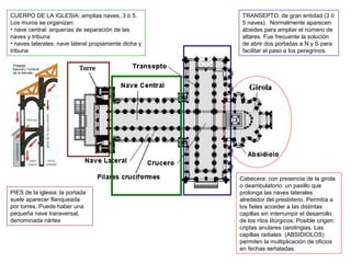 CUERPO DE LA IGLESIA: amplias naves, 3 ó 5.
Los muros se organizan:
• nave central: arquerías de separación de las
naves y tribuna
• naves laterales: nave lateral propiamente dicha y
tribuna
TRANSEPTO: de gran entidad (3 ó
5 naves). Normalmente aparecen
ábsides para ampliar el número de
altares. Fue frecuente la solución
de abrir dos portadas a N y S para
facilitar el paso a los peregrinos.
Cabecera: con presencia de la girola
o deambulatorio: un pasillo que
prolonga las naves laterales
alrededor del presbiterio. Permitía a
los fieles acceder a las distintas
capillas sin interrumpir el desarrollo
de los ritos litúrgicos. Posible origen:
criptas anulares carolingias. Las
capillas radiales (ABSIDIOLOS)
permiten la multiplicación de oficios
en fechas señaladas.
PIES de la iglesia: la portada
suele aparecer flanqueada
por torres. Puede haber una
pequeña nave transversal,
denominada nártex
 
