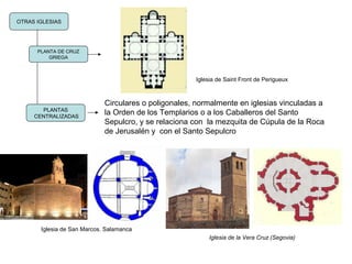 OTRAS IGLESIAS
PLANTAS
CENTRALIZADAS
PLANTA DE CRUZ
GRIEGA
Circulares o poligonales, normalmente en iglesias vinculadas a
la Orden de los Templarios o a los Caballeros del Santo
Sepulcro, y se relaciona con la mezquita de Cúpula de la Roca
de Jerusalén y con el Santo Sepulcro
Iglesia de San Marcos. Salamanca
Iglesia de Saint Front de Perigueux
Iglesia de la Vera Cruz (Segovia)
 