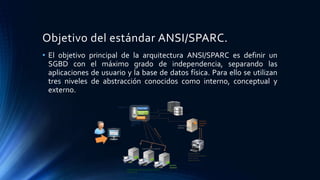 Objetivo del estándar ANSI/SPARC.
• El objetivo principal de la arquitectura ANSI/SPARC es definir un
SGBD con el máximo grado de independencia, separando las
aplicaciones de usuario y la base de datos física. Para ello se utilizan
tres niveles de abstracción conocidos como interno, conceptual y
externo.
 