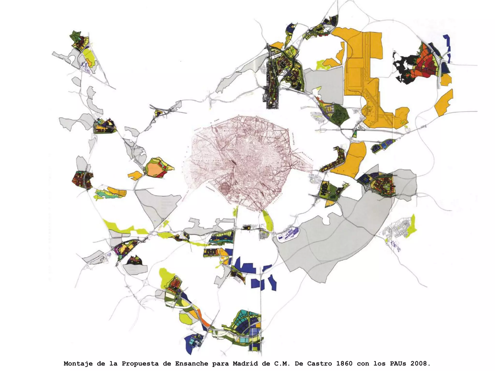 Montaje de la Propuesta de Ensanche para Madrid de C.M. De Castro 1860 con los PAUs 2008.
 