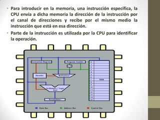 • Para introducir en la memoria, una instrucción específica, la
  CPU envía a dicha memoria la dirección de la instrucción por
  el canal de direcciones y recibe por el mismo medio la
  instrucción que está en esa dirección.
• Parte de la instrucción es utilizada por la CPU para identificar
  la operación.
 