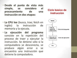 • Desde el punto de vista más
  simple,    se    considera   el
                                       Ciclo básico de
  procesamiento        de    una
                                         instrucción
  instrucción en dos etapas:

• La CPU lee (busca, trae; fetch en
  inglés)    la   instrucción    de
  memoria y la ejecuta.
• La ejecución del programa
  consiste en la repetición del
  proceso de traer y ejecutar la
  instrucción. Se detiene sólo si la
  computadora se desconecta, se
  produce algún error o se
  encuentra una instrucción que
  detiene la computadora.
 