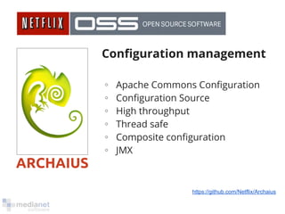 ARCHAIUS 
Configuration management 
∘ Apache Commons Configuration 
∘ Configuration Source 
∘ High throughput 
∘ Thread safe 
∘ Composite configuration 
∘ JMX 
https://github.com/Netflix/Archaius 
 