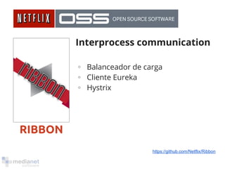 RIBBON 
Interprocess communication 
∘ Balanceador de carga 
∘ Cliente Eureka 
∘ Hystrix 
https://github.com/Netflix/Ribbon 
 