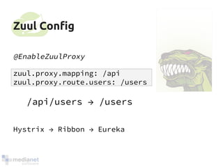 Zuul Config 
@EnableZuulProxy 
zuul.proxy.mapping: /api 
zuul.proxy.route.users: /users 
/api/users → /users 
Hystrix → Ribbon → Eureka 
 
