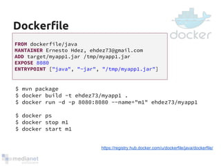 Dockerfile 
FROM dockerfile/java 
MANTAINER Ernesto Hdez, ehdez73@gmail.com 
ADD target/myapp1.jar /tmp/myapp1.jar 
EXPOSE 8080 
ENTRYPOINT ["java", "-jar", "/tmp/myapp1.jar"] 
$ mvn package 
$ docker build -t ehdez73/myapp1 . 
$ docker run -d -p 8080:8080 --name="m1" ehdez73/myapp1 
$ docker ps 
$ docker stop m1 
$ docker start m1 
https://registry.hub.docker.com/u/dockerfile/java/dockerfile/ 
 