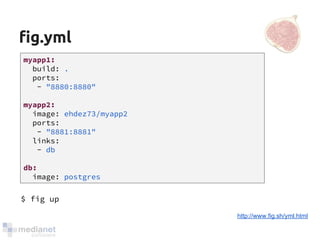 fig.yml 
myapp1: 
build: . 
ports: 
- "8880:8880" 
myapp2: 
image: ehdez73/myapp2 
ports: 
- "8881:8881" 
links: 
- db 
db: 
image: postgres 
http://www.fig.sh/yml.html 
$ fig up 
 
