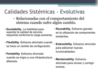 Calidades Sistémicas - Evolutivas
• Relacionadas con el comportamiento del
sistema cuando sufre algún cambio.
+ Escalability. La habilidad para
soportar la calidad de servicio
requerida conforme la carga aumenta.
+ Flexibility. Esfuerzo ahorrado cuando
se hace un cambio de configuración.
+ Portability. Esfuerzo ahorrado
cuando se migra a una infraestructura
diferente.
+ Reusability. Esfuerzo ganado
en la utilización de componentes
existentes.
+ Extensibility. Esfuerzo ahorrado
para adicionar nuevas
funcionalidades.
+ Mantainability. Esfuerzo
ahorrado para revisar y corregir
errores.
 