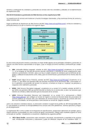 Volumen 2. TECNOLOGÍA BÁSICA
Veremos a continuación los estándares y protocolos de servicios web más extendidos y utilizados en la implementación
de arquitecturas SOA.
052.04.03 Estándares y protocolos de Web Services en las arquitecturas SOA
Las arquitecturas de servicios web involucran a muchas tecnologías relacionadas, y hay numerosas formas de construir y
utilizar servicios web.
Según la definición de Arquitectura de Web Services del W3C (http://www.w3.org/TR/ws-arch/), la lista de estándares y
protocolos básicos es la que se muestra en la siguiente figura.
S
E
G
U
R
I
D
A
D
Comunicaciones
HTTP, SMTP, FTP, JMS, IIOP…
G
E
S
T
I
Ó
N
TecnologíaBase:XML,DTD,XSD
TecnologíaBase:XML,DTD,XSD
Procesos
Descubrimiento, agregación, coreografía…
Descripciones
WSDL
Mensajes
Extensiones SOAP
Fiabilidad, correlación, transacciones
SOAP
En otros temas del presente temario se describen en mayor detalle algunos de los principales estándares y protocolos en
relación a los Web Services representados en la figura, y que se incluyen de forma resumida a continuación por comple-
titud:
• XML (eXtensible Markup Language), estándar de W3C (http://www.w3.org/xml/) actualmente en su versión
1.1, es un lenguaje de marcado que permite describir información o contenido de forma completamente sepa-
rada de su presentación o formato. Junto a él, hay un amplio conjunto de estándares para la definición de len-
guajes y validación de documentos (DTD, XSD) y para la transformación y presentación de los mismos (XSL-FO,
XSLT).
• SOAP (Simple Object Access Protocol), estándar del W3C (http://www.w3.org/TR/soap/) actualmente en su
versión 1.2, que define una gramática XML que describe el formato de los documentos XML a intercambiar en-
tre el solicitante y el proveedor del servicio, en concreto, el formato en el que se “ensobran” las peticiones y
respuestas entre solicitante y proveedor.
• WSDL (Web Services Description Language), actualmente en su versión 2.0 y también estándar del W3C (),
que define una gramática XML que permite describir la interfaz de un servicio web, es decir, las funciones y pa-
rámetros de entrada y salida necesarios para la invocación de los servicios.
• UDDI (Universal Description Discovery and Integration), en su versión 3.0 y perteneciente a OASIS
(http://www.uddi.org), que configura un servicio de registro o servicio de directorio donde llos proveedores de
servicios publican sus servicios web y los solicitantes de servicios buscan y encuentran los servicios web acor-
des a sus necesidades, de forma parecida a como funciona un servicio de “páginas amarillas”.
Junto a los anteriores estándares básicos, es interesante considerar el papel de los perfiles de WS-Interoperability (WS-
I), cuyo propósito es promover la interoperabilidad de los servicios web entre plataformas, sistemas operativos y lengua-
jes de programación.
La organización WS-I centra su labor en la integración de especificaciones, proporcionar aplicaciones de ejemplo, guías y
mejores prácticas recomendadas así como recursos de apoyo y herramientas, trabajo cuyos resultados organiza en torno
al concepto de “perfiles”. Actualmente se encuentran a disposición los siguientes perfiles:
• WS-I Basic Profile, convenciones sobre mensajería, descripción, descubrimiento y seguridad en los servicios
web, introduciendo restricciones y aclaraciones y guías de utilización conjunta de los estándares SOAP 1.1,
052. Arquitectura SOA12
 