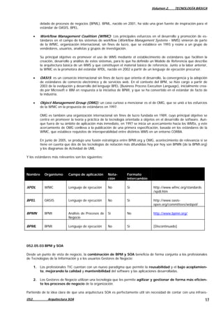 Volumen 2. TECNOLOGÍA BÁSICA
052. Arquitectura SOA 17
delado de procesos de negocios (BPML). BPML, nacido en 2001, ha sido una gran fuente de inspiración para el
estándar de OASIS, BPEL.
• Workflow Management Coalition (WfMC): Los principales esfuerzos en el desarrollo y promoción de es-
tándares en el campo de los sistemas de workflow (Workflow Management Systems - WMS) vinieron de parte
de la WfMC, organización internacional, sin fines de lucro, que se establece en 1993 y reúne a un grupo de
vendedores, usuarios, analistas y grupos de investigación.
Su principal objetivo es promover el uso de WMS mediante el establecimiento de estándares que faciliten la
creación, desarrollo y análisis de estos sistemas, para lo que ha definido un Modelo de Referencia que describe
la arquitectura básica de un WMS y que constituyen el material básico de referencia. Junto a la labor anterior,
la WfMC es la promotora del estándar XPDL, nacido en 2002 a partir de un lenguaje de ejecución precursor.
• OASIS: es un consorcio internacional sin fines de lucro que orienta el desarrollo, la convergencia y la adopción
de estándares de comercio electrónico y de servicios web. En el contexto del BPM, se hizo cargo a partir de
2003 de la evolyución y desarrollo del lenguaje BPEL (Business Process Execution Language), inicialmente crea-
do por Microsoft e IBM en respuesta a la iniciativa de BPMI, y que se ha convertido en el estándar de facto de
la industria.
• Object Management Group (OMG): un caso curioso a mencionar es el de OMG, que se unió a los esfuerzos
de la WfMC en la propuesta de estándares en 1997.
OMG es también una organización internacional sin fines de lucro fundada en 1989, cuyo principal objetivo se
centra en promover la teoría y práctica de la tecnología orientada a objetos en el desarrollo de software. Aun-
que fuera de su ámbito de aplicación más inmediato, en 1997 se inicia un acercamiento hacia los WMSs, y este
acercamiento de OMG conlleva a la publicación de una primera especificación, basada en los estándares de la
WfMC, que establece requisitos de interoperabilidad entre distintos WMS en un entorno CORBA.
En junio de 2005, se produjo una fusión estratégica entre BPMI.org y OMG, acontecimiento de relevancia si se
tiene en cuenta que dos de las tecnologías de notación más difundidas hoy por hoy son BPMN (de la BPMI.org)
y los diagramas de Actividad de UML.
Y los estándares más relevantes son los siguientes:
Nombre Organismo Campo de aplicación Nota-
ción
Formato
intercambio
XPDL WfMC Lenguaje de ejecución No Sí http://www.wfmc.org/standards
/xpdl.htm
BPEL OASIS Lenguaje de ejecución No Sí http://www.oasis-
open.org/committees/wsbpel/
BPMN BPMI Análisis de Procesos de
Negocio
Sí No http://www.bpmn.org/
BPML BPMI Lenguaje de ejecución No Sí [Discontinuado]
052.05.03 BPM y SOA
Desde un punto de vista de negocio, la combinación de BPM y SOA beneficia de forma conjunta a los profesionales
de Tecnologías de la Información y a los usuarios Gestores de Negocio:
1. Los profesionales TIC cuentan con un nuevo paradigma que permite la reusabilidad y el bajo acoplamien-
to, mejorando la calidad y mantenibilidad del software y las aplicaciones desarrolladas.
2. Los Gestores de Negocio utilizan una tecnología que les permite agilizar y gestionar de forma más eficien-
te los procesos de negocio de la organización.
Partiendo de la idea clara de que una arquitectura SOA es perfectamente útil sin necesidad de contar con una infraes-
 