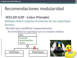 Arquitectura del SoftwareEscueladeIngenieríaInformáticaUniversidaddeOviedo
Recomendaciones modularidad
SO(L)ID (LSP - Liskov Principle)
Subtipos deben respetar el contrato de sus supertipos
Errores:
Heredar pero modificar comportamiento
Funcionalidad en supertipos que no cumplen subtipos
Pato
haceCuak
tieneFormaPato
respira)
PatitoJuguetePatoParque
haceCuak
tieneFormaPato
respira)
X
 