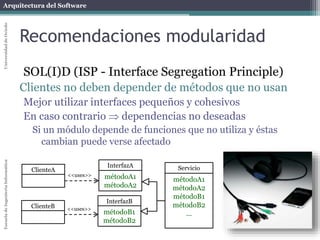 Arquitectura del SoftwareEscueladeIngenieríaInformáticaUniversidaddeOviedo
Recomendaciones modularidad
SOL(I)D (ISP - Interface Segregation Principle)
Clientes no deben depender de métodos que no usan
Mejor utilizar interfaces pequeños y cohesivos
En caso contrario  dependencias no deseadas
Si un módulo depende de funciones que no utiliza y éstas
cambian puede verse afectado
ClienteA
ClienteB
InterfazA
métodoA1
métodoA2
InterfazB
métodoB1
métodoB2
Servicio
métodoA1
métodoA2
métodoB1
métodoB2
...
<<uses>>
<<uses>>
 