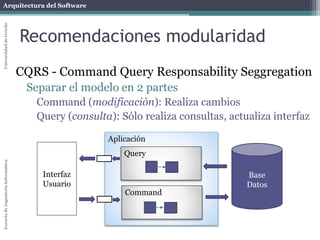 Arquitectura del SoftwareEscueladeIngenieríaInformáticaUniversidaddeOviedo
Recomendaciones modularidad
CQRS - Command Query Responsability Seggregation
Separar el modelo en 2 partes
Command (modificación): Realiza cambios
Query (consulta): Sólo realiza consultas, actualiza interfaz
Aplicación
Query
Interfaz
Usuario
Base
Datos
Command
 