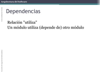 Arquitectura del SoftwareEscueladeIngenieríaInformáticaUniversidaddeOviedo
Dependencias
Relación "utiliza"
Un módulo utiliza (depende de) otro módulo
 