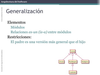 Arquitectura del SoftwareEscueladeIngenieríaInformáticaUniversidaddeOviedo
Generalización
Elementos
Módulos
Relaciones es-un (is-a) entre módulos
Restricciones:
El padre es una versión más general que el hijo
 