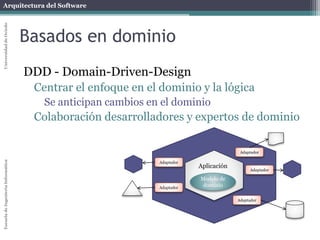 Arquitectura del SoftwareEscueladeIngenieríaInformáticaUniversidaddeOviedo
Orientación a aspectos
Estructura
Lógica de
aplicación
básica (core)
Crosscutting
concern
Crosscutting
concern
Crosscutting
concern
(aspecto)
Compilador
Aspectos
(weaving)
Aplicación
final
 